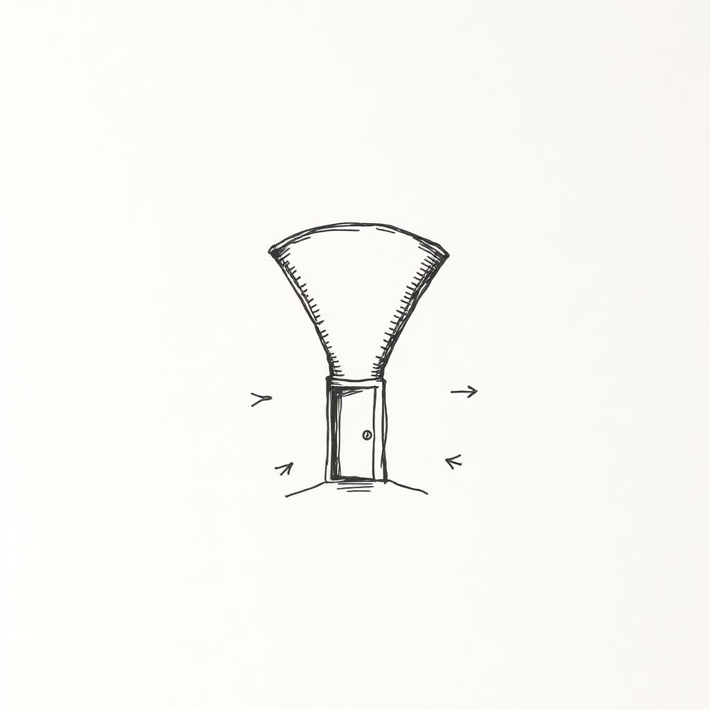 Handritad illustration: en trattformad tratt smalnar av mot en liten dörr, med pennanteckningar och pilar i marginalen.