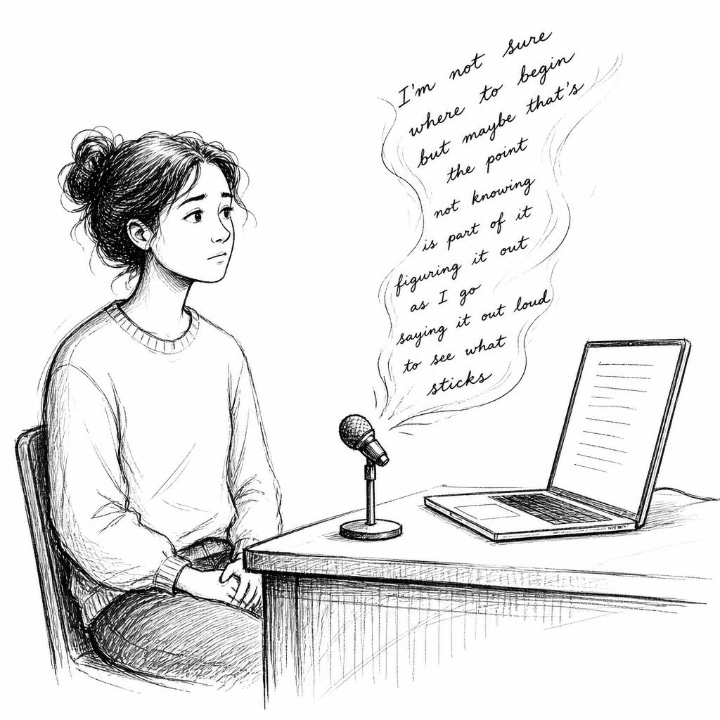 Handritad illustration: en person sitter med händerna i knät framför en laptop, en liten mikrofon på bordet, handskriven text svävar upp ur mikrofonen som om tal blir till ord.