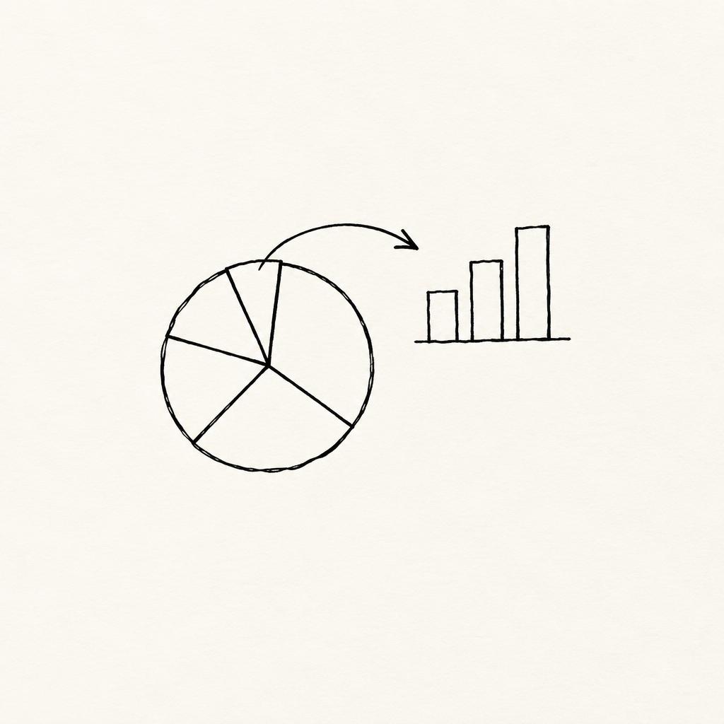 Hand-drawn illustration of a pie chart with uneven slices and an arrow pointing to a small bar chart