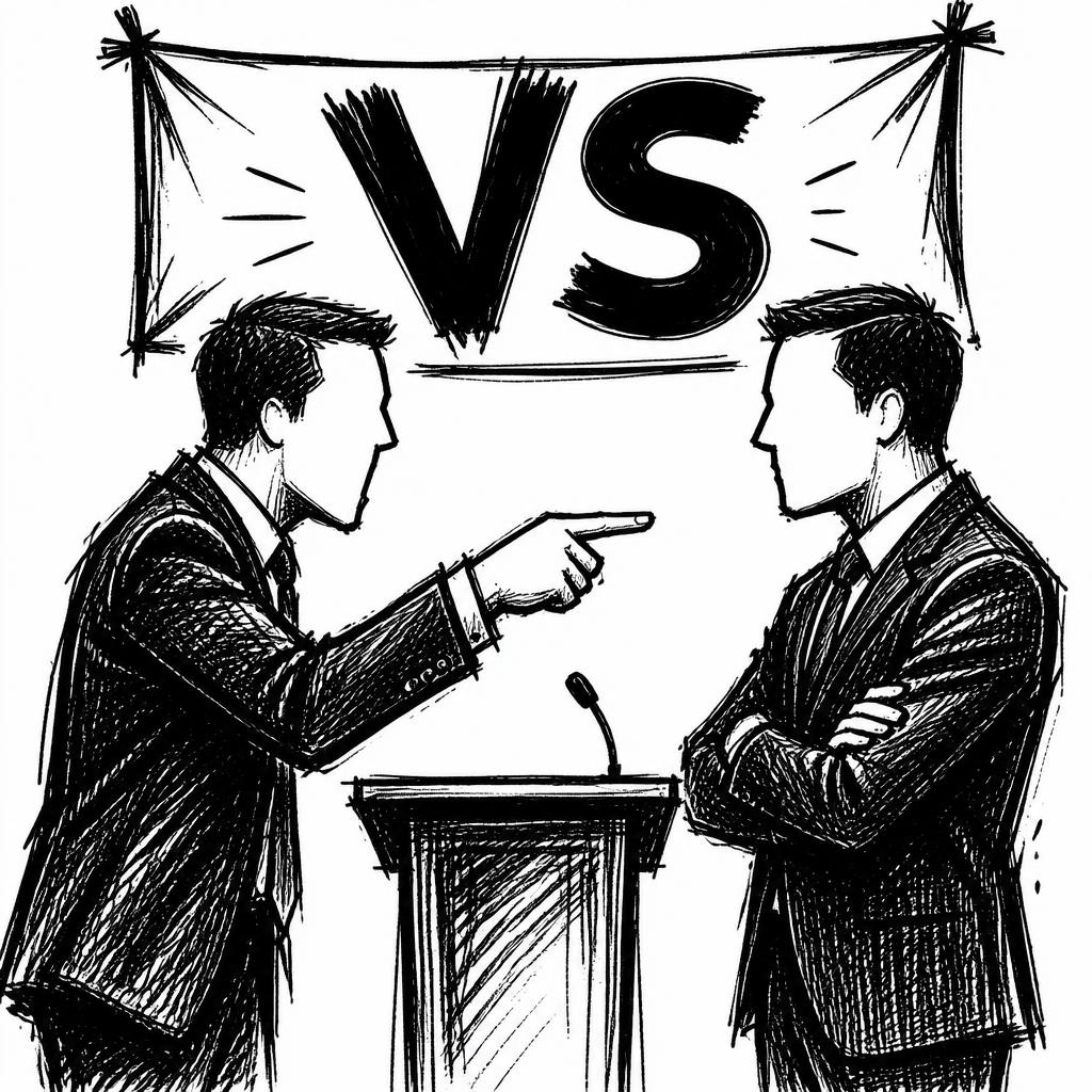 Handritad illustration: två män i kostym står ansikte mot ansikte vid ett podium, en pekar aggressivt medan den andre står med armarna i kors. Ovanför dem hänger en banderoll med texten VS.
